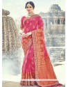 Hot Pink And Orange Patch Border Work Traditional Designer Saree