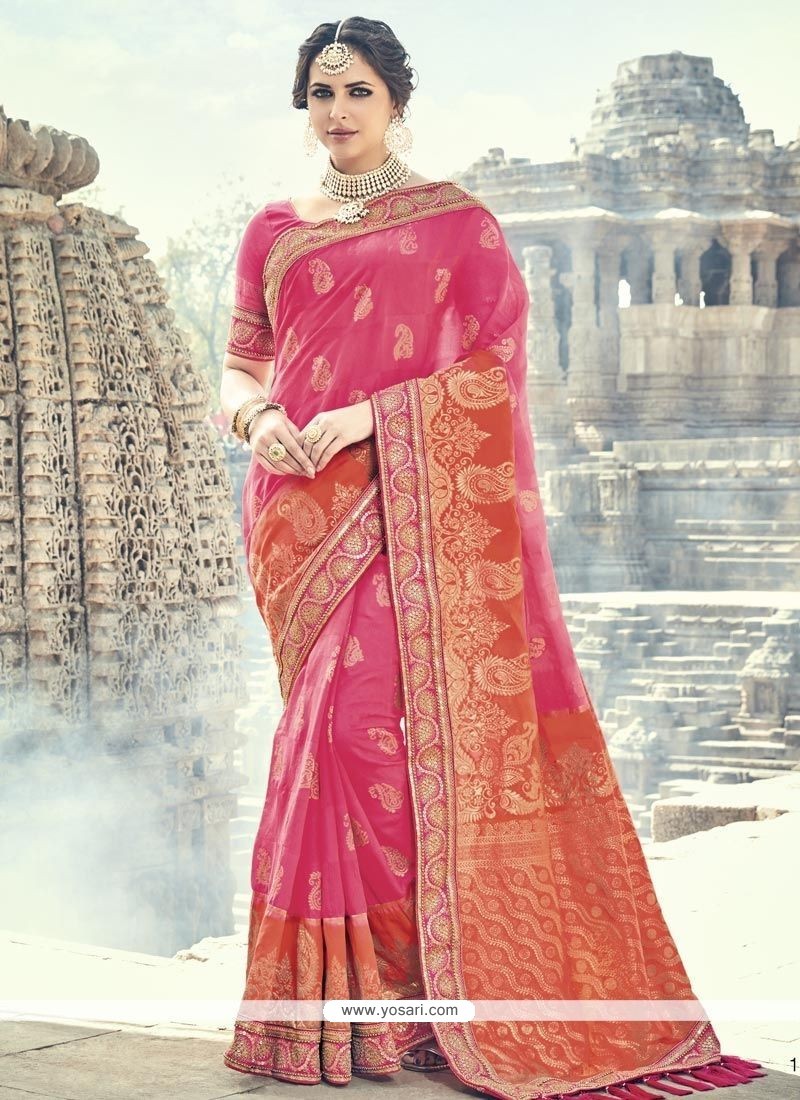 Buy Hot Pink And Orange Patch Border Work Traditional Designer Saree ...