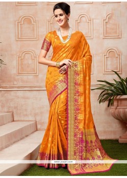 Orange Weaving Work Tussar Silk Traditional Saree