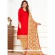 Embroidered Work Red Cotton Churidar Suit