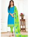 Embroidered Work Blue Cotton Churidar Suit