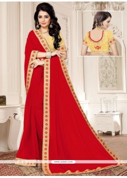 Faux Georgette Red Embroidered Work Classic Designer Saree