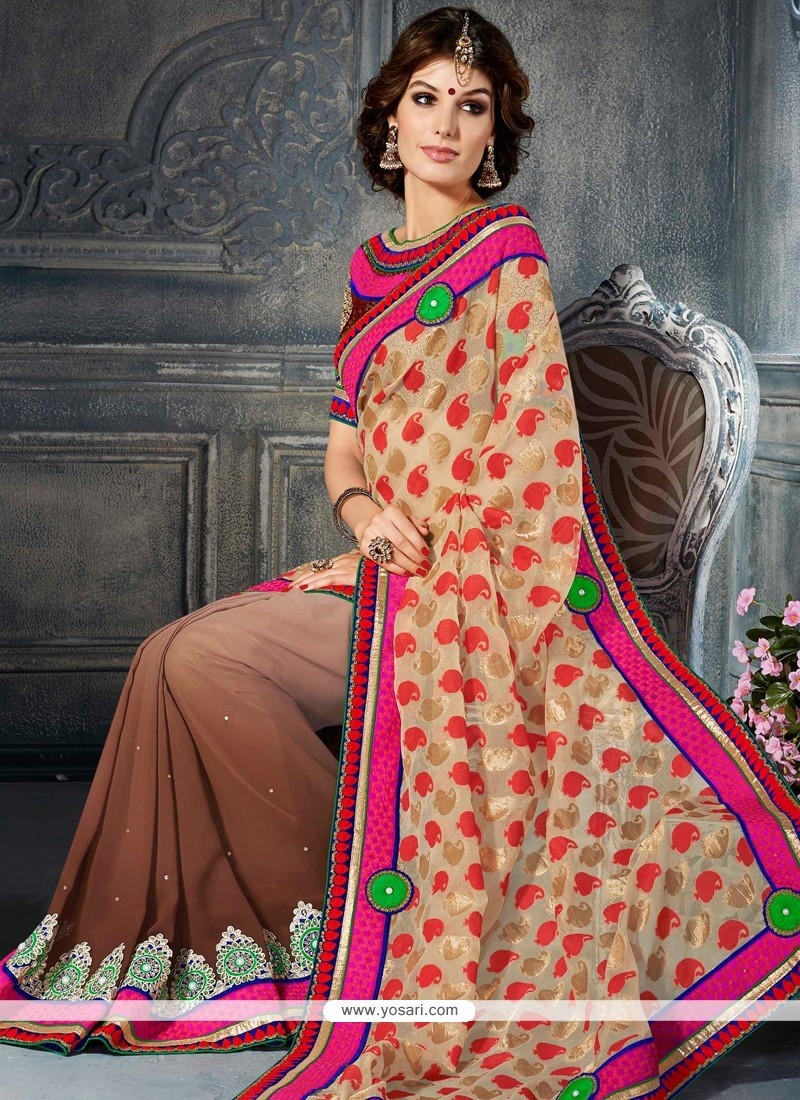Astonishing Cream And Brown Shaded Georgette Saree