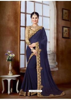 Navy Blue Saree With Golden Lace And Embroidery Patch