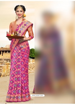 Traditonal Pink Zari Work Silk Saree