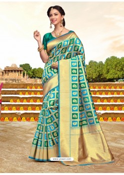 Adorable Teal Art Silk Zari Work Saree