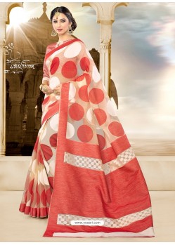 Red Silk Printed Work Party Wear Saree