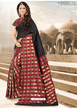Classic Black And Red Check Silk Printed Saree