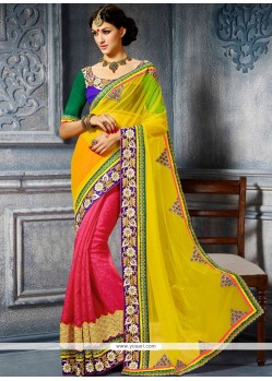 Admirable Yellow And Pink Art Silk Designer Saree