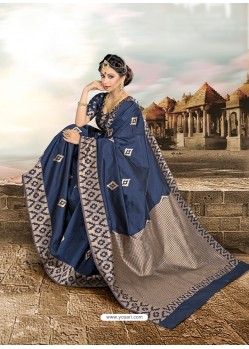 Classic Blue And Beige Printed Silk Saree