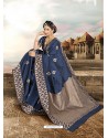 Classic Blue And Beige Printed Silk Saree