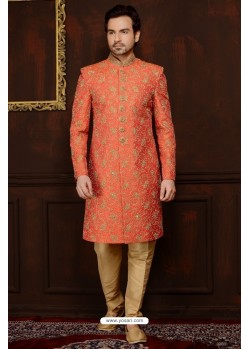Unique Orange And Beige Banarasi Silk Embroidered Sherwani