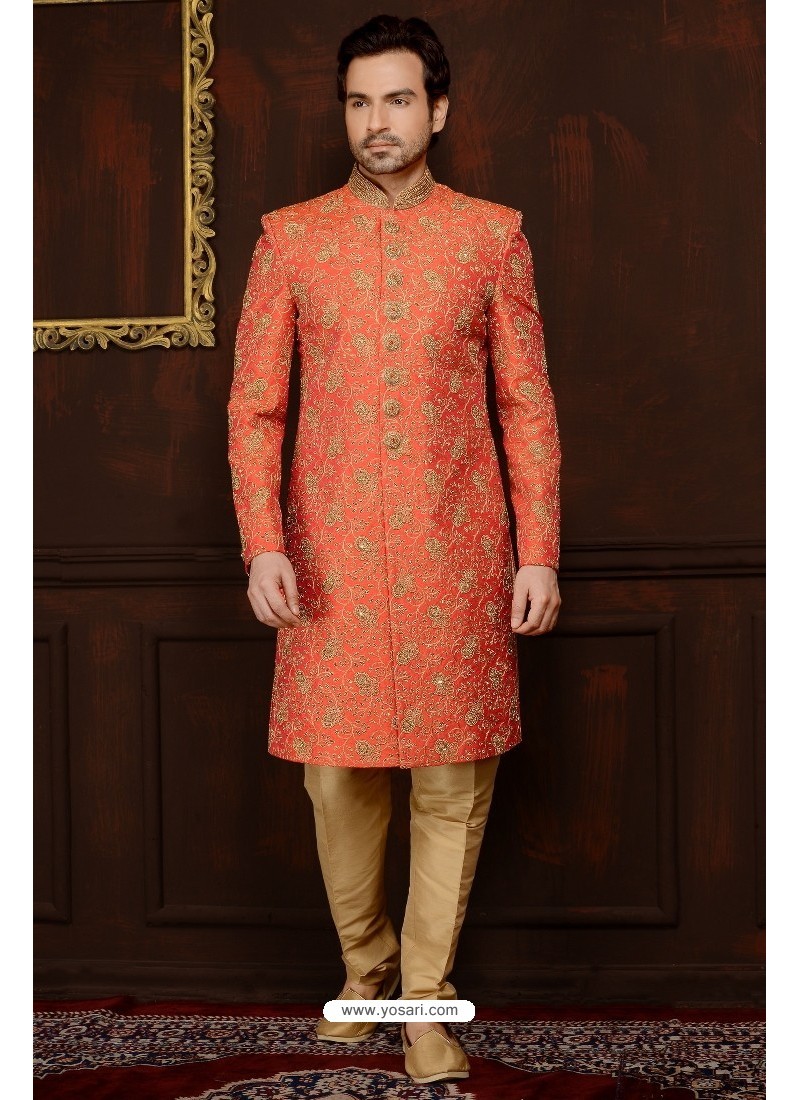 Buy Unique Orange And Beige Banarasi Silk Embroidered Sherwani | Sherwani