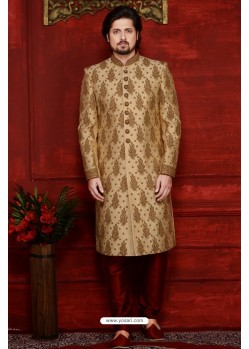 Classic Gold Designer Banarasi Silk Sherwani