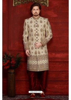 Heavenly Embroidered Beige Banarasi Silk Sherwani