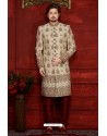 Heavenly Embroidered Beige Banarasi Silk Sherwani