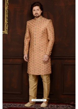 Stylish Peach Designer Banarsi Silk Sherwani