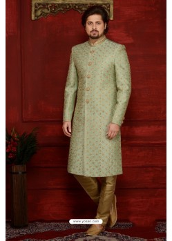 Trendy Green Banarasi Silk Embroidered Sherwani