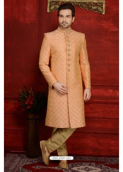 Superb Designer Banarasi Silk Orange Sherwani