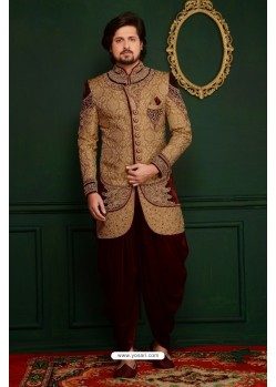 Incredible Brown Jacquard Embroidered Sherwani