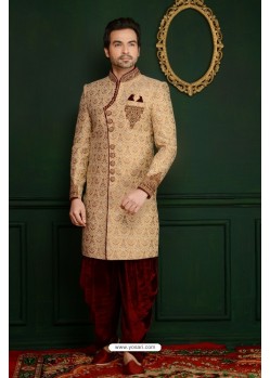 Outstanding Beige Velvet Embroidered Sherwani