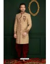 Outstanding Beige Velvet Embroidered Sherwani