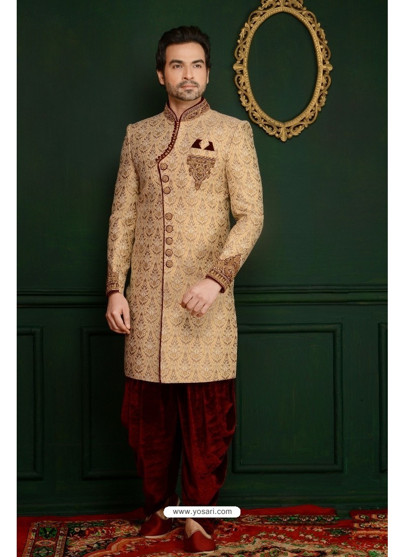 Buy Outstanding Beige Velvet Embroidered Sherwani | Dhoti Style Sherwani