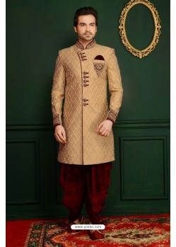 Enhanting Golden Embroidered Dhoti Style Sherwani