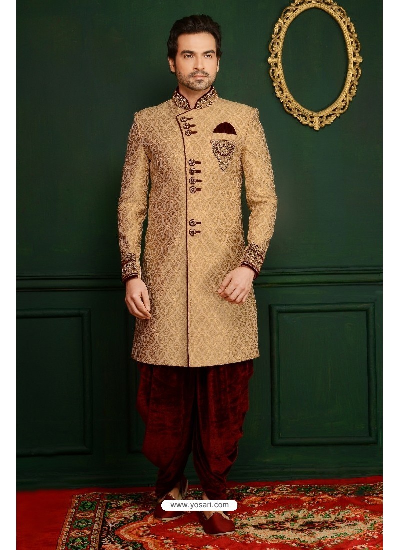 Buy Enhanting Golden Embroidered Dhoti Style Sherwani | Dhoti Style ...