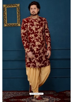 Fabulous Maroon Velvet Embroidered Sherwani