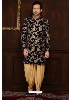 Stunning Black Velvet Dhoti Style Sherwani