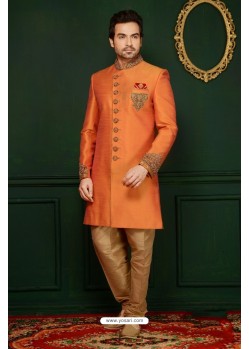 Stunning Orange Banarasi Silk Embroidered Sherwani