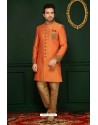 Stunning Orange Banarasi Silk Embroidered Sherwani