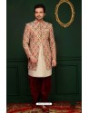 Maroon And Cream Jacquard Embroidered Dhoti Style Sherwani