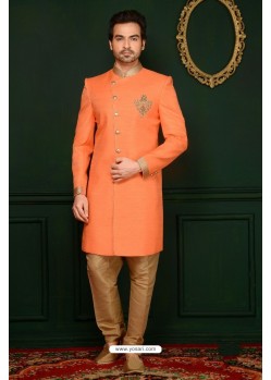 Orange Banarasi Silk Embroidered Sherwani