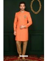 Orange Banarasi Silk Embroidered Sherwani