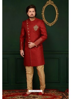 Classic Maroon And Beige Designer Banarasi Silk Sherwani