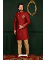 Classic Maroon And Beige Designer Banarasi Silk Sherwani