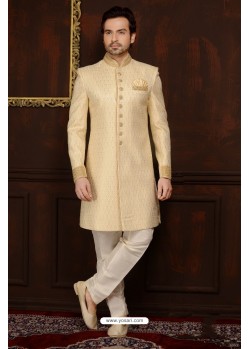 Stylish Yellow And Off White Designer Banarsi Silk Sherwani