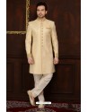 Stylish Yellow And Off White Designer Banarsi Silk Sherwani