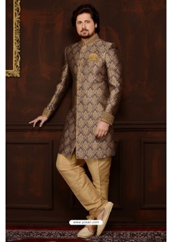 Outstanding Brown Jacquard Embroidered Sherwani