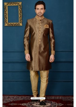 Incredible Brown Jacquard Embroidered Sherwani