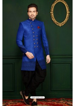 Adorable Blue Velvet Embroidered Dhoti Style Sherwani