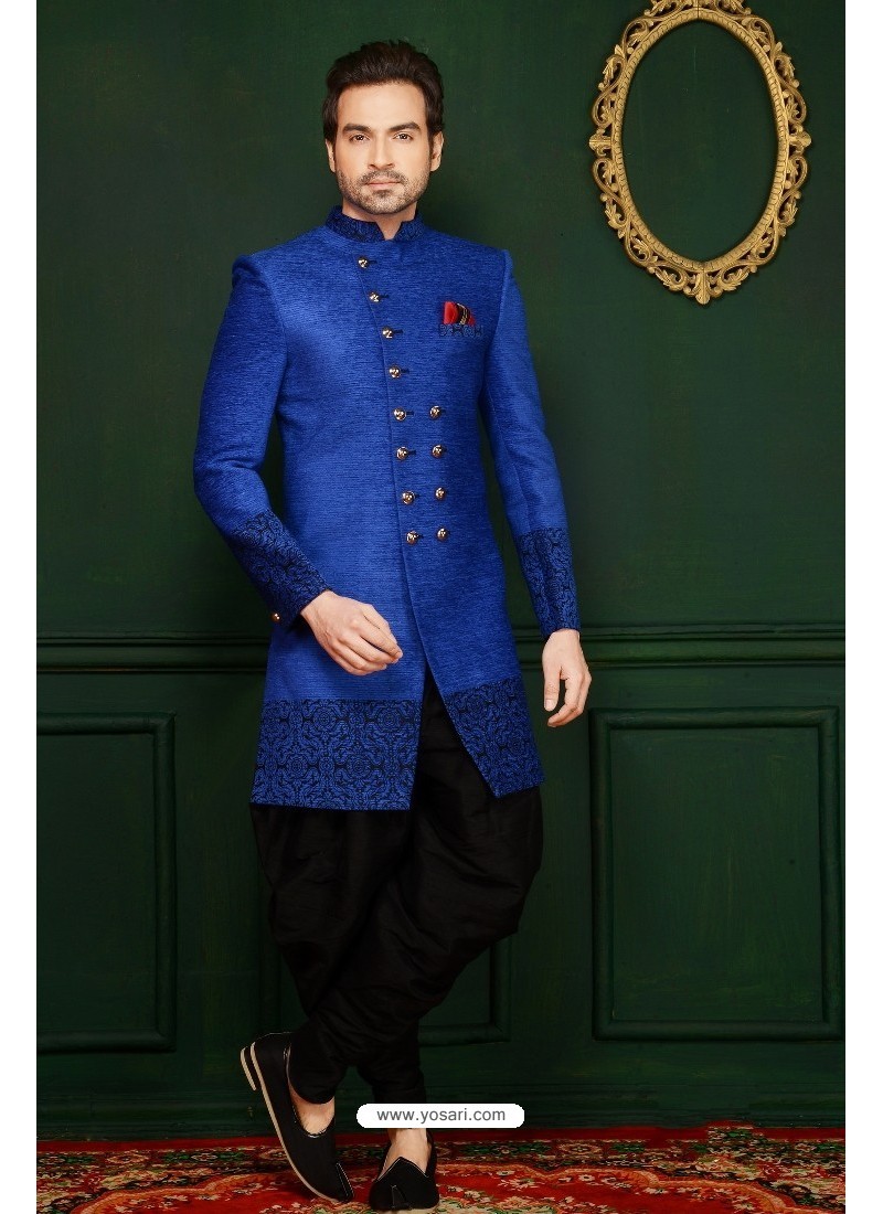 Buy Adorable Blue Velvet Embroidered Dhoti Style Sherwani |Dhoti Style ...