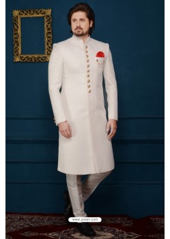 Classic Jacquard Designer Sherwani In Off White