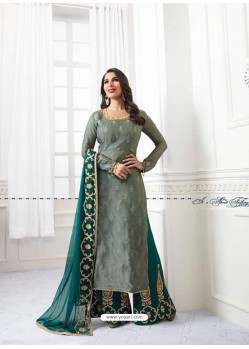 Beautiful Grey And Green Satin Embroidered Palazzo Suit