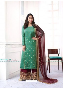 Green And Maroon Satin Embroidered Palazzo Suit