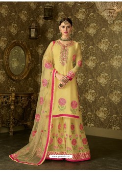 Amazing Real Geogette Yellow Embroidered Palazzo Suit