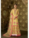 Amazing Real Geogette Yellow Embroidered Palazzo Suit