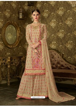 Adorable Beige Geogette Embroidered Palazzo Suit
